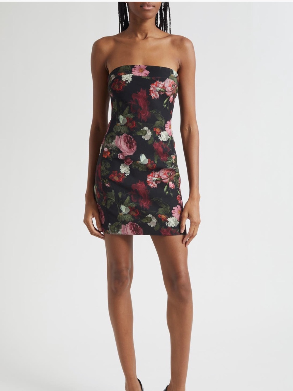 Alice + Olivia Kelly Strapless Floral Mini Dress in Black with Pink & Red Bloom